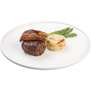 File Rossini cu gratin de țelină și sparanghel cu sos Cabernet