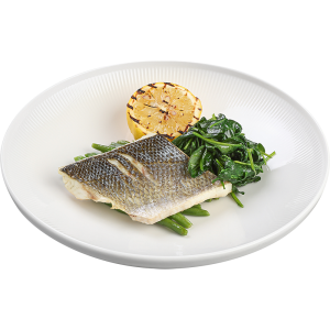 Lup de mare copt cu păstăi verzi și spanac cu sos Bouillabaisse