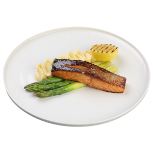 Steak de somon cu piure de cartofi și sparanghel cu sos olandez