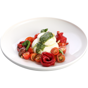 Burrata cu roșii cherry și sos pesto