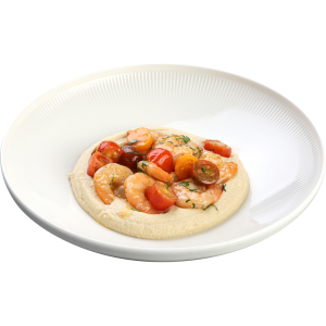 Creveți cu hummus și roșii cherry în sos bouillabaisse